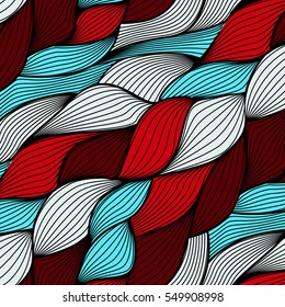 Vector seamless thread pattern. Wave hand-drawn pattern burgundy, simple repetition tiling. Knitting wool background. Craft print in blue red. Abstract clothing decoration. Sewing hand made
