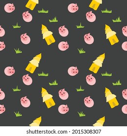 vector seamless three pig and pig home on black background