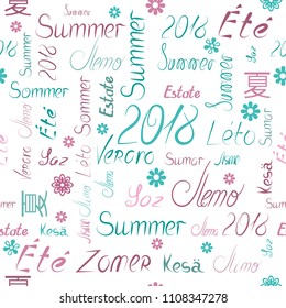 Vector seamless three-color pattern of summer 2018 words written by hand in different peoples languages background  white,  letters and words of fashionable green red shades