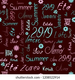 Vector seamless three-color pattern of summer 2019.  Words written by hand in different peoples languages background  bordo,  letters and words of fashionable green red shades