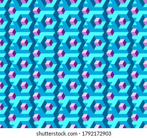 Vector, Seamless Three-D Image in Azure Colors. In The Center Is a Cherry-Colored Square. Labyrinth, Funny Intersections and Transitions 