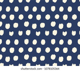 Vector seamless tie dye polka dot pattern. Vector shibori print. Seamless hand drawn pattern. Ink textured japanese background. Modern batik wallpaper tile. Watercolor endless backdrop.
