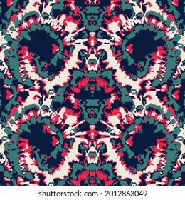 Vector Seamless Tie and Dye Texture. Ethnic Abstract. Floral Psychedelic Ornament. Red Mottled Tie Dye Rug. Creative Bohemian Tile. Teal Prints. Watercolor Textile Print. Bleach Effect.