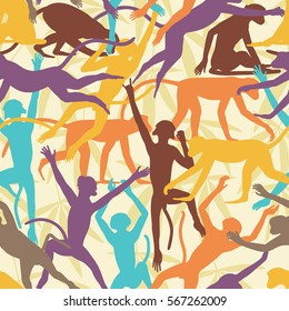 Vector seamless tile of colorful langur monkeys in action