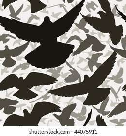 Vector seamless tile of a flock of flying pigeons