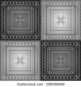 Vector seamless tile illustration geometric pattern grey tones, black and white, repainted with a twisted interlocking lines pattern for decoration.
