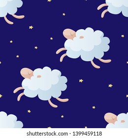 Vector seamless tile pattern. Geometric diagonal cartoon print of cloud like cute sheep jumping on night blue sky with stars. Texture for fabric, textile, paper, wrapping. Concept of sheep counting