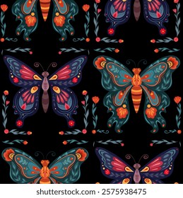 Vector seamless tile pattern with tracery butterflies and floral decorations. Folk art texture with flying insects on black background. Surface design for wallpaper and fabrics