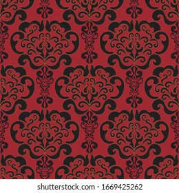 Vector seamless tile, red background, old ornament in the interior. Damask, Wallpaper or fabric. Print