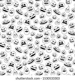 Vector seamless tileable black and white design of halloween pumpkin pattern.