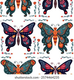 Vector seamless tiled pattern with tracery butterfly in folk art style. Decorative surface design with flying insect with floral ornament for wallpaper and textile