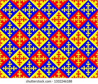 Vector seamless tiles background. Blue and red mosaic pattern on a yellow background. Vintage decorative elements of the tile. Ideal for printing on fabric, ceramic tile or paper.