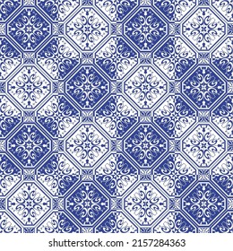 Vector seamless tiles background in blue and white. Mosaic pattern for ceramic in dutch, portuguese, spanish, italian style.