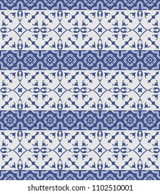 Vector seamless tiles background in portuguese style. Blue and white mosaic border. Tiles for ceramic in dutch, portuguese, spanish, italian style.