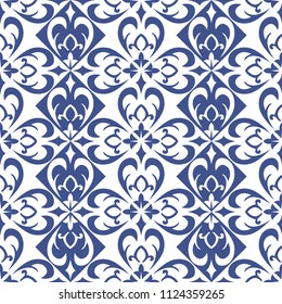Vector seamless tiles background in portuguese style. Blue and white mosaic border. Tiles for ceramic in dutch, portuguese, spanish, italian style.