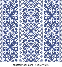 Vector seamless tiles background in portuguese style. Blue and white mosaic border. Tiles for ceramic in dutch, portuguese, spanish, italian style.