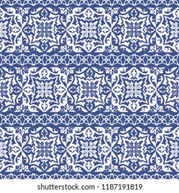Vector seamless tiles background in portuguese style. Blue and white mosaic border. Tiles for ceramic in dutch, portuguese, spanish, italian style.