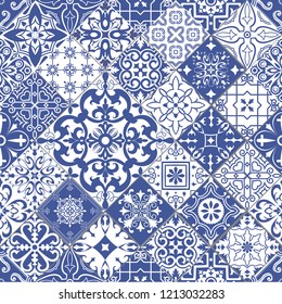 Vector seamless tiles background in portuguese style. Blue and white mosaic pattern. Tiles for ceramic in dutch, portuguese, spanish, italian style.