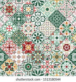 Vector seamless tiles background in portuguese style. Blue and white mosaic pattern. Tiles for ceramic in dutch, portuguese, spanish, italian style.