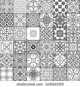 Vector seamless tiles background in portuguese style. Back and white mosaic background in dutch, portuguese, spanish, italian style.