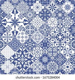 Vector seamless tiles background in portuguese style. Mosaic pattern for ceramic in dutch, portuguese, spanish, italian style.