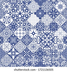 Vector seamless tiles background in portuguese style in blue. Mosaic pattern for ceramic in dutch, portuguese, spanish, italian style.