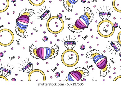 Vector seamless tiling love pattern with wedding rings, diamonds, hearts, word love. Seamless pattern can be used for wallpaper, pattern fills, web background, surface textures, wrapping paper design
