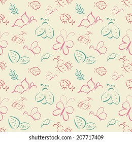 Vector seamless tiling pattern with hand drawn butterflies and ladybugs (ladybirds). For printing on fabric, scrapbooking, gift wrap.