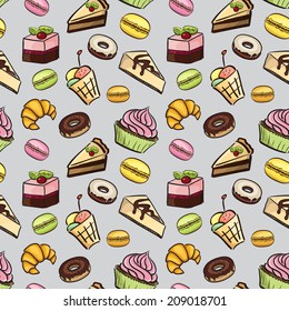 Vector seamless tiling patterns - bakery and pastry. For printing on fabric, scrapbooking, gift wrap.
