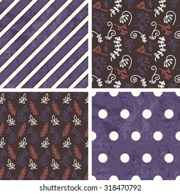 Vector seamless tiling patterns - sketch flowers, polka dot and stripes. For printing on fabric, scrapbooking, gift wrap.