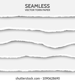 Vector seamless torn paper set on gray background. Ripped cardboard edge isolated with soft shadows. Template for your design. Sample text