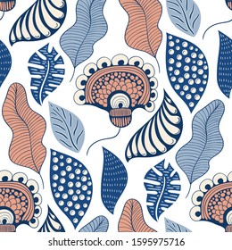 Vector Seamless Tough  Pattern with Fantastic Flowers and Leaves. 