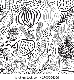Vector Seamless Tough  Pattern with Fantastic Flowers and Leaves. Original Design for Wallpaper, Pattern, Print, Card etc