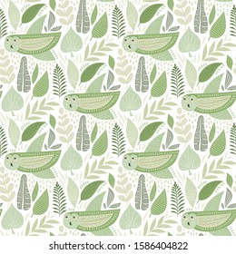 Vector Seamless Tough  Pattern with Owls and Floral Elements. Scandinavian style. Green Pastel Colours