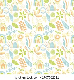 Vector Seamless Tough Tropical Pattern with Fantastic Plants and Leaves. Original Design for Wallpaper, Pattern, Print, Card etc