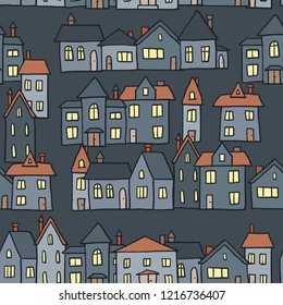 Vector seamless town - night lights textile pattern illustration.