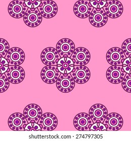 Vector seamless traditional ethnic oriental pattern. Colorful folkloric textile design with stylized sun symbols- round mandala