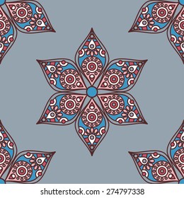 Vector seamless traditional ethnic oriental pattern. Colorful folkloric textile design with stylized sun symbols- round mandala