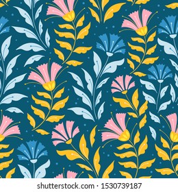 Vector seamless traditional folk floral  pattern on blue background