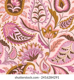 Vector seamless traditional Indian paisley pattern on pink background. Digital textile design Beautiful ethnic style colorful seamless floral hand drawn seamless pattern