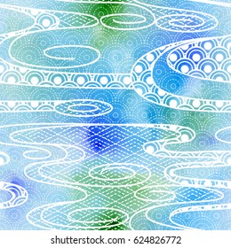 Vector seamless seamless traditional japanese background. Multicolor watercolor and geometric pattern on backdrop.