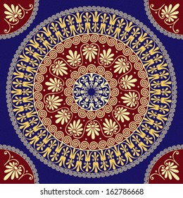 Vector seamless Traditional vintage golden round Greek ornament (Meander) and floral pattern on a red and blue background