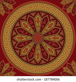 Vector seamless Traditional vintage golden round Greek ornament (Meander) and floral pattern on a red background