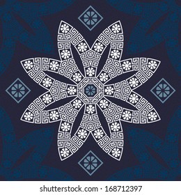 vector seamless Traditional vintage white Greek ornament (Meander) and floral pattern on a blue background