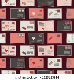 Vector seamless travel pattern in burgundy. Simple doodle letter and greeting card made into repeat. Great for background, wallpaper, wrapping paper, packaging, travel theme, fashion.
