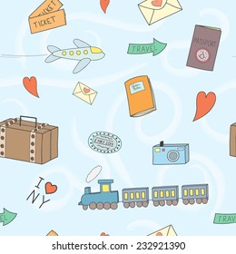Vector seamless travel pattern with  train, airplane, suitcase, passport, tickets, camera, etc