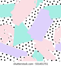 Vector seamless trendy messy geometric and polka dot pattern. Modern ink brush elements background. Great for print, wrapping paper, wallpaper