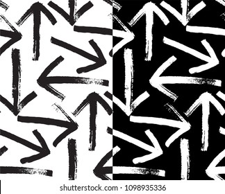 Vector seamless trendy modern arrow pattern. Messy ink brush stroke background. Black and white artistic pattern. Great for print, wrapping paper, wallpaper