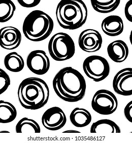 Vector seamless trendy modern brush circle pattern. Messy ink dry brush background. Black artistic pattern. Great for print, wrapping paper, wallpaper,