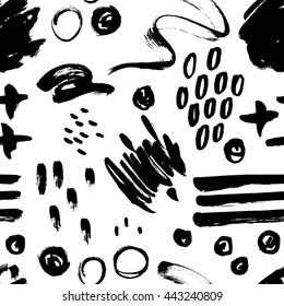 Vector seamless trendy modern brush stokes, spots and geometry shape pattern. Dry brush background with trendy shapes and textures Black and white artistic pattern for print, wrapping paper, wallpaper